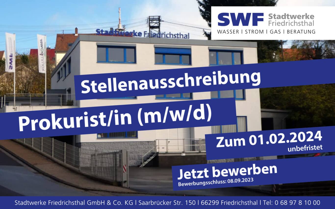 Stellenausschreibung Stadtwerke Friedrichsthal Prokurist/in (m/w/d)